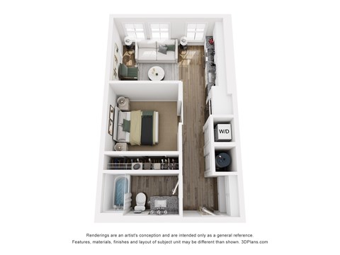 Floor plan for studio, 1 bath, 585 sqft
